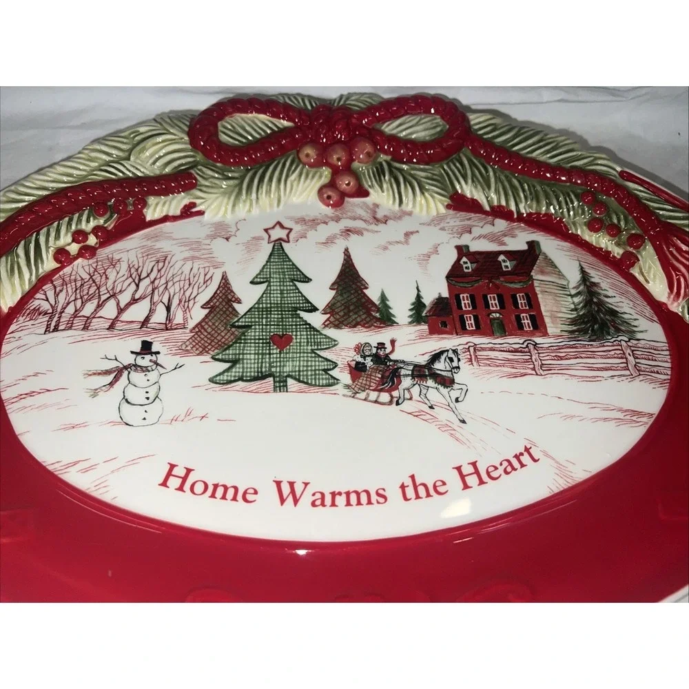 FITZ & FLOYD Oval Cookie Platter Home Warms the Heart Christmas Holiday 13 1/2 